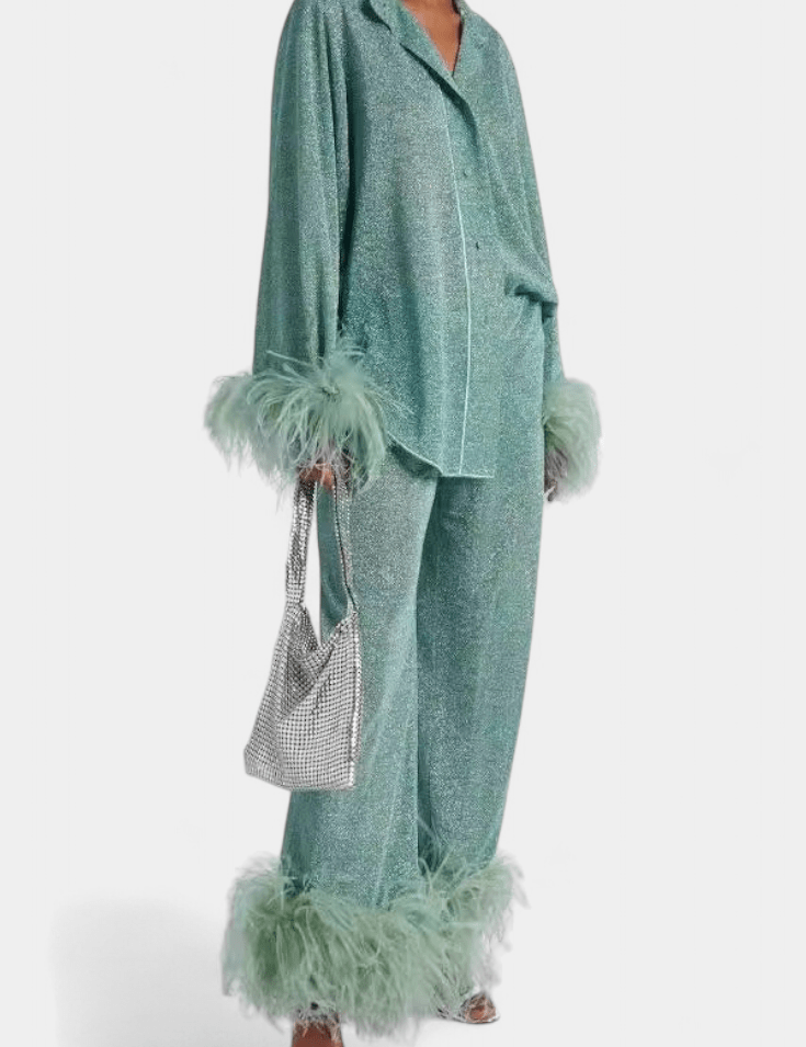 Sofia, Long-Sleeve Top & Feather-Trim Trousers Set
