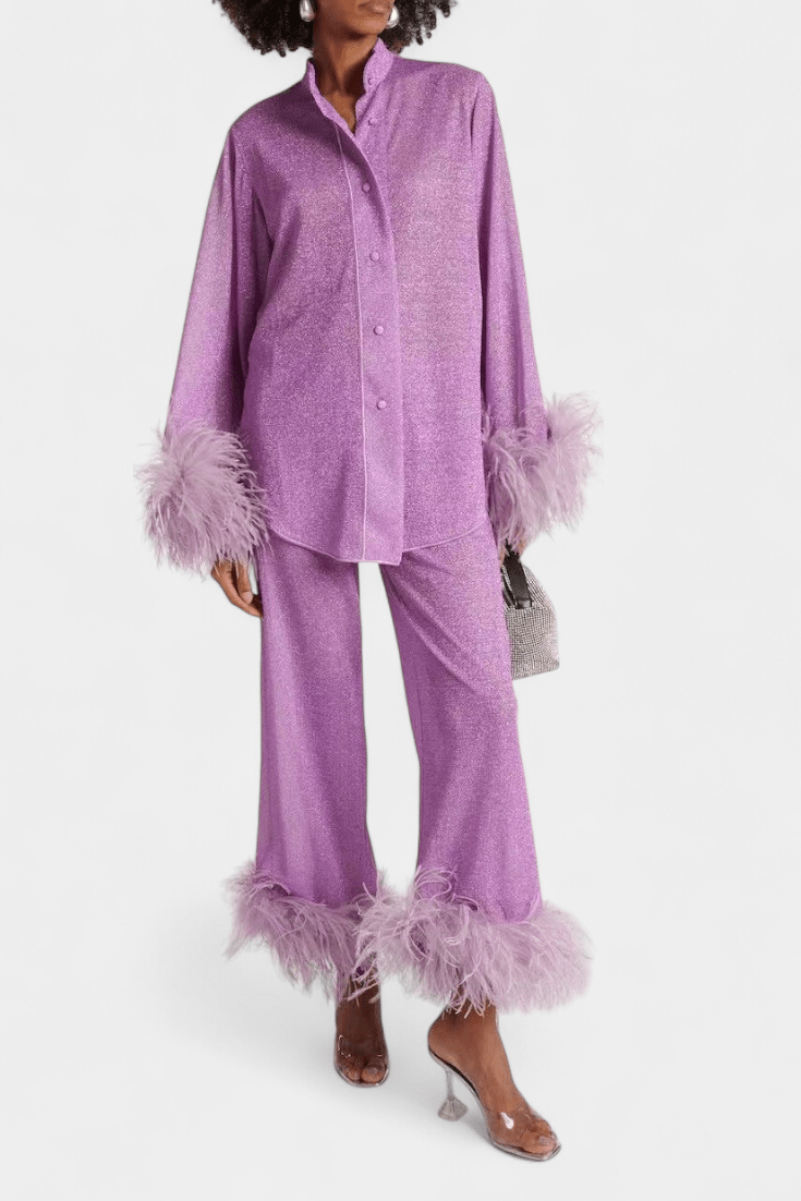 Sofia, Long-Sleeve Top & Feather-Trim Trousers Set
