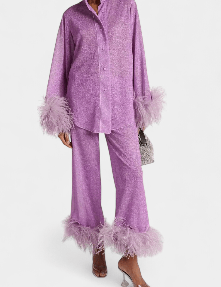 Sofia, Long-Sleeve Top & Feather-Trim Trousers Set
