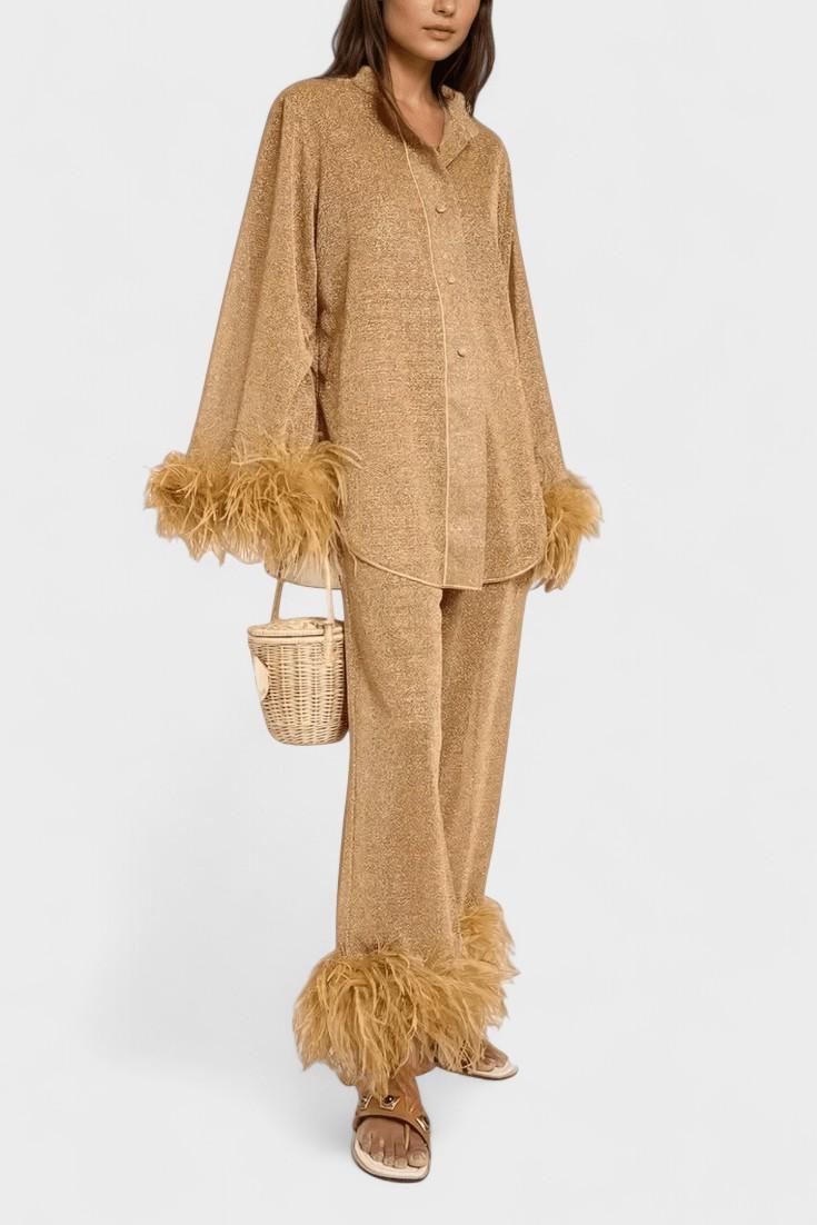 Sofia, Long-Sleeve Top & Feather-Trim Trousers Set