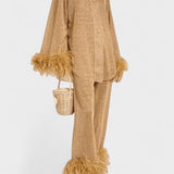 Sofia, Long-Sleeve Top & Feather-Trim Trousers Set