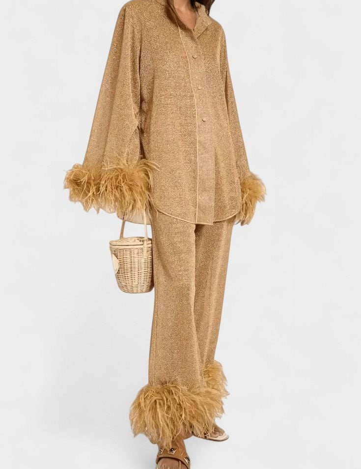 Sofia, Long-Sleeve Top & Feather-Trim Trousers Set