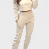 Stacey, Beige Knitted Top & Trousers Set
