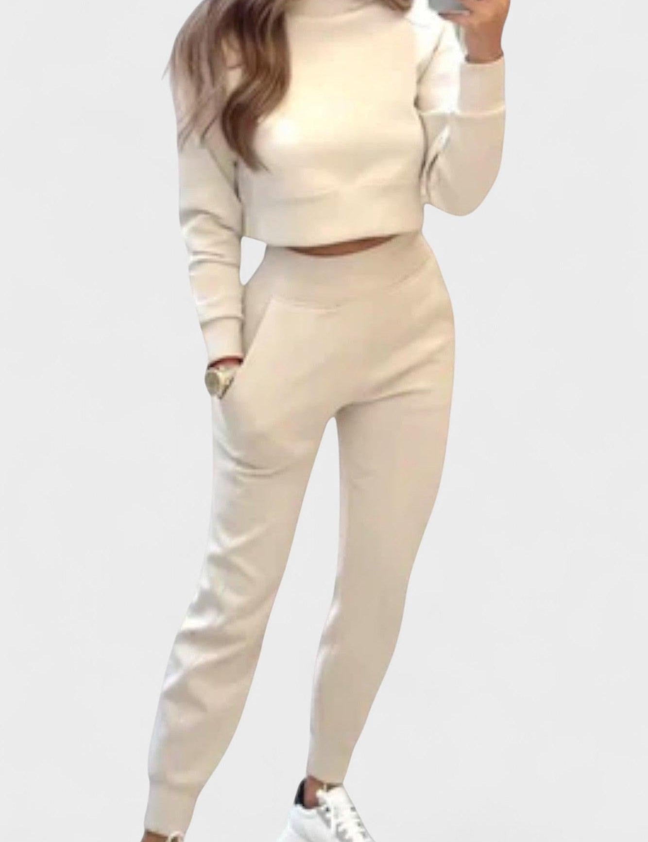 Stacey, Beige Knitted Top & Trousers Set