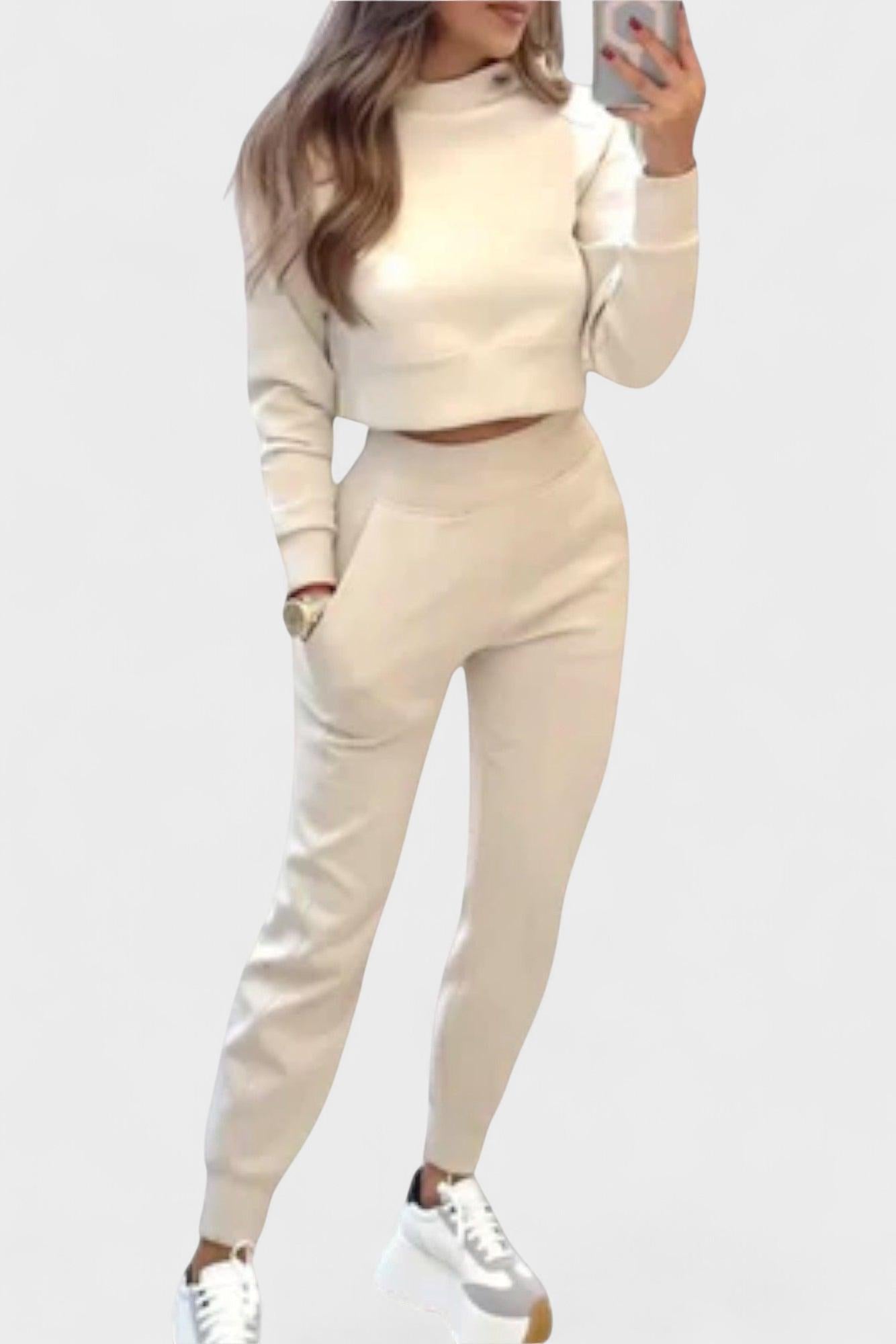 Stacey, Beige Knitted Top & Trousers Set