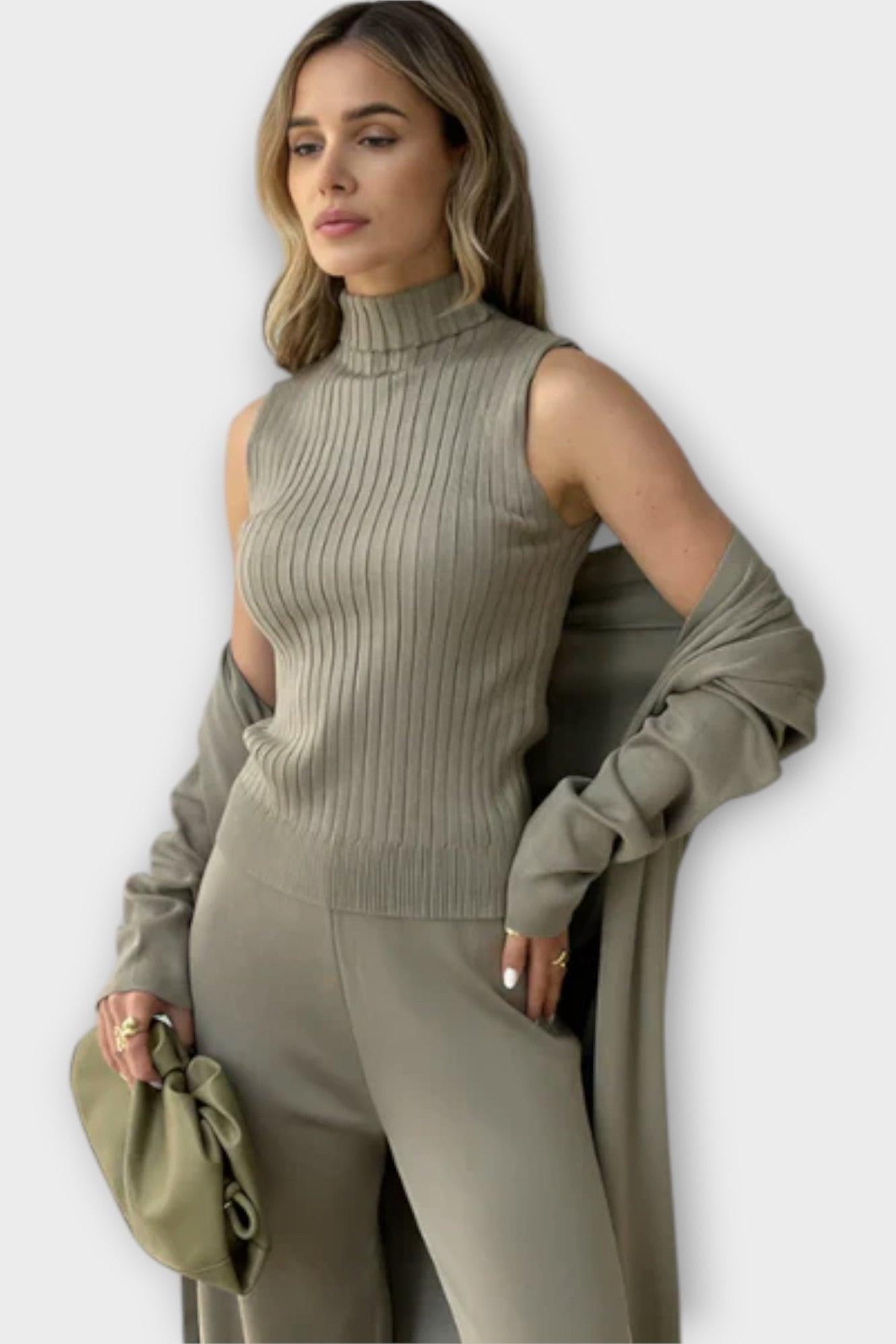 Stacey, Three-Piece Ribbed Knit Set with Trousers