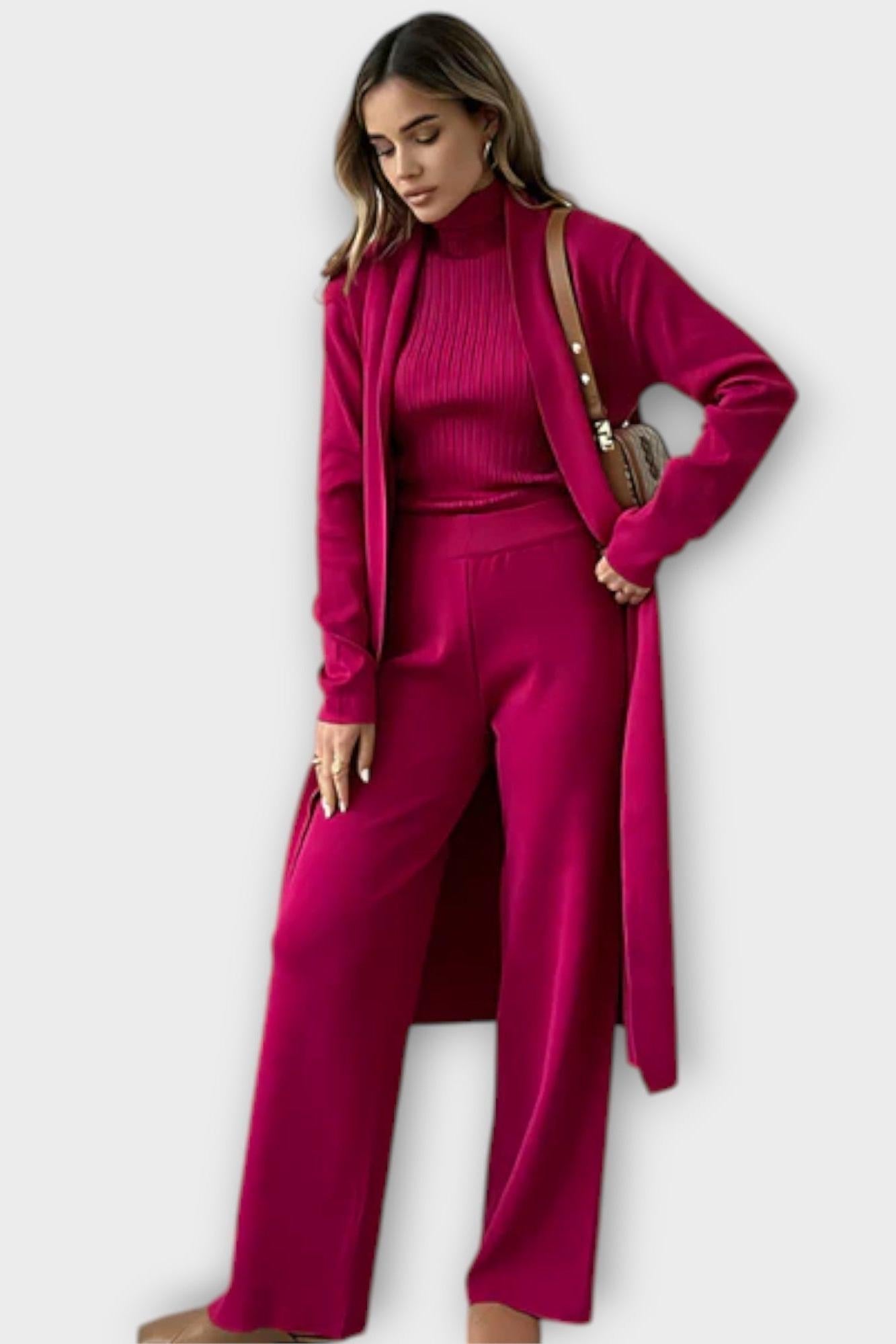Stacey, Three-Piece Ribbed Knit Set with Trousers