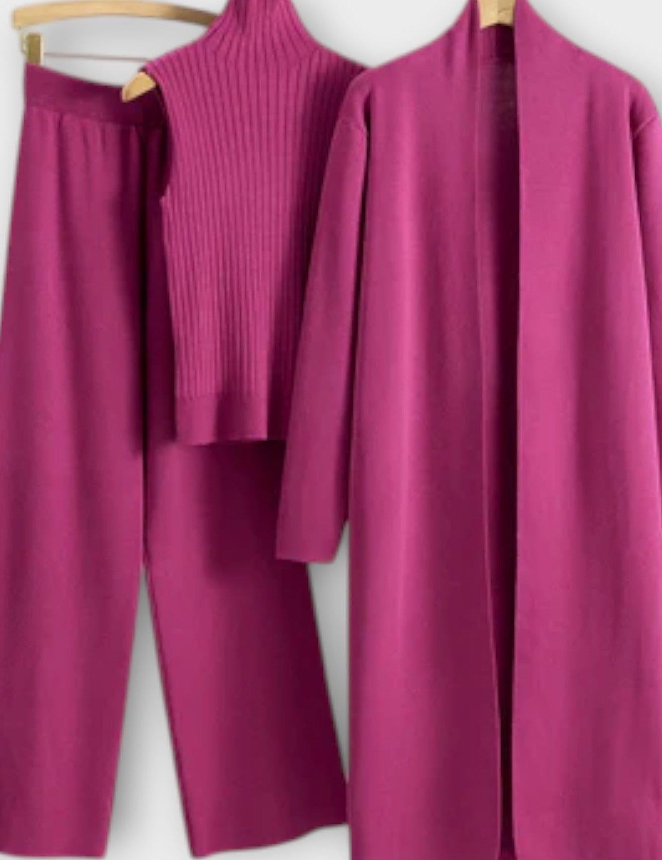 Stacey, Three-Piece Ribbed Knit Set with Trousers