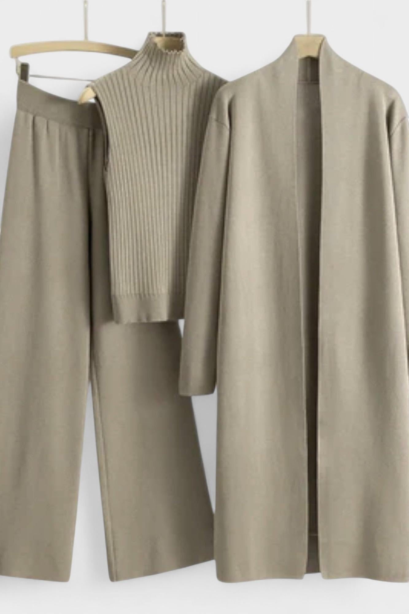 Stacey, Three-Piece Ribbed Knit Set with Trousers