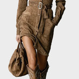 Cecilia | Long-Sleeve Faux Suede Midi Dress with Tie Collar