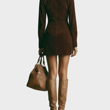 Gladys | Brown Faux Suede Mini Dress with High Neck and Zip