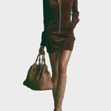 Gladys | Brown Faux Suede Mini Dress with High Neck and Zip