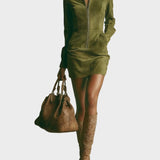 Gladys | Brown Faux Suede Mini Dress with High Neck and Zip