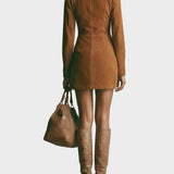 Gladys | Brown Faux Suede Mini Dress with High Neck and Zip