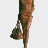 Gladys | Brown Faux Suede Mini Dress with High Neck and Zip