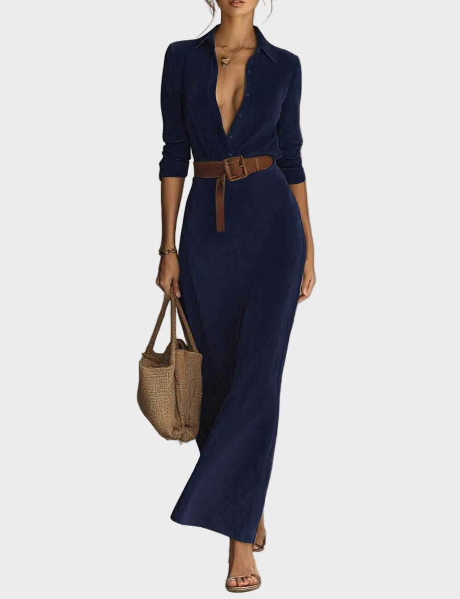 Camilla | Single-Breasted Faux Suede Maxi Dress with Collar