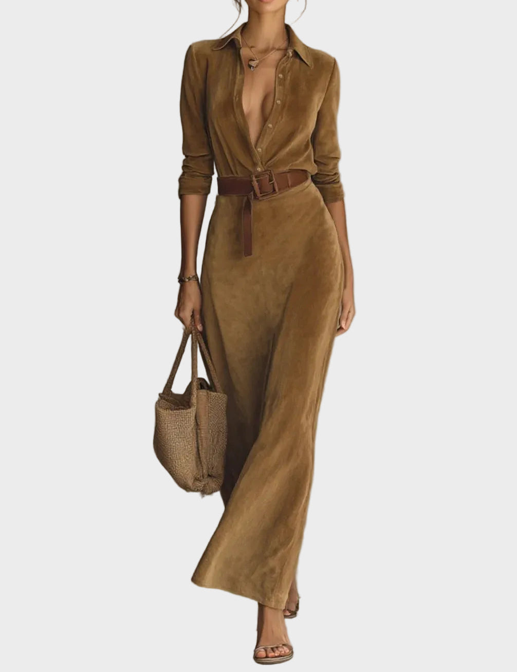 Camilla | Single-Breasted Faux Suede Maxi Dress with Collar