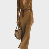 Camilla | Single-Breasted Faux Suede Maxi Dress with Collar