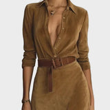 Camilla | Single-Breasted Faux Suede Maxi Dress with Collar