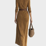 Camilla | Single-Breasted Faux Suede Maxi Dress with Collar