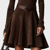 Elinor | Vintage Dark Brown Faux Suede Roll Neck Dress