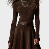 Elinor | Vintage Dark Brown Faux Suede Roll Neck Dress