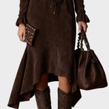 Dora | Elegant Dark Brown Faux Suede Wrap Midi Dress