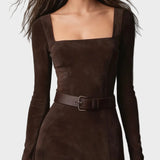 Lorna | Elegant Dark Brown Faux Leather Maxi Dress with Square Neck