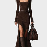 Lorna | Elegant Dark Brown Faux Leather Maxi Dress with Square Neck