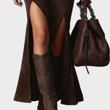 Lorna | Elegant Dark Brown Faux Leather Maxi Dress with Square Neck