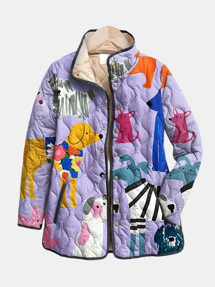 Rhea Casual Quilted Jacket with Dog Print