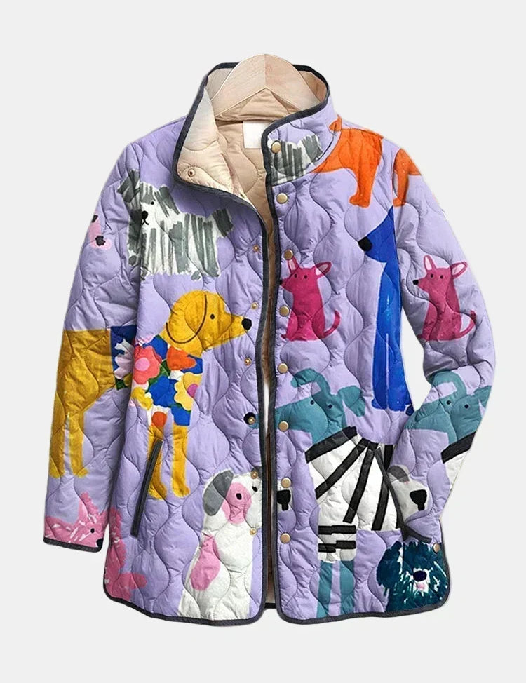 Rhea Casual Quilted Jacket with Dog Print