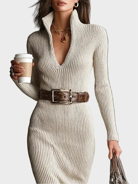 Averil Knitted Midi Dress with Belt and Roll Neck - view 2