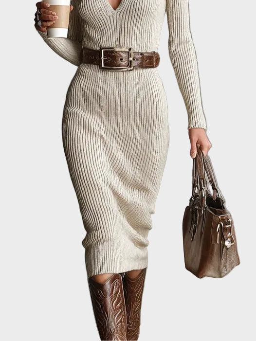 Averil Knitted Midi Dress with Belt and Roll Neck - view 3