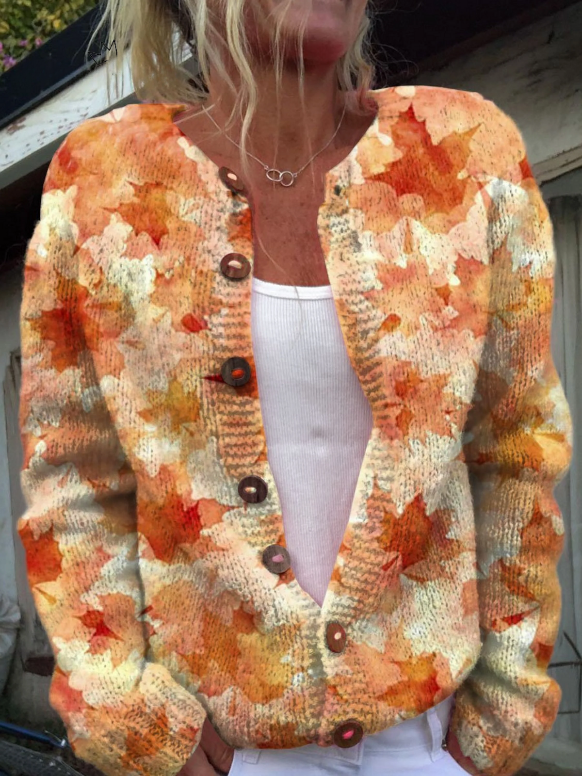Beverley Maple Leaf Autumn Art Print Buttoned Cardigan - view 5