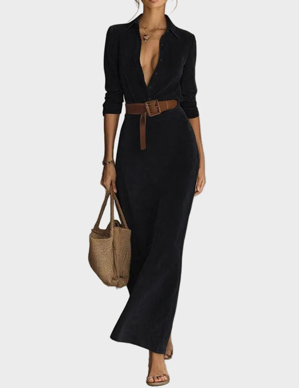 Camilla Single-Breasted Faux Suede Maxi Dress with Collar