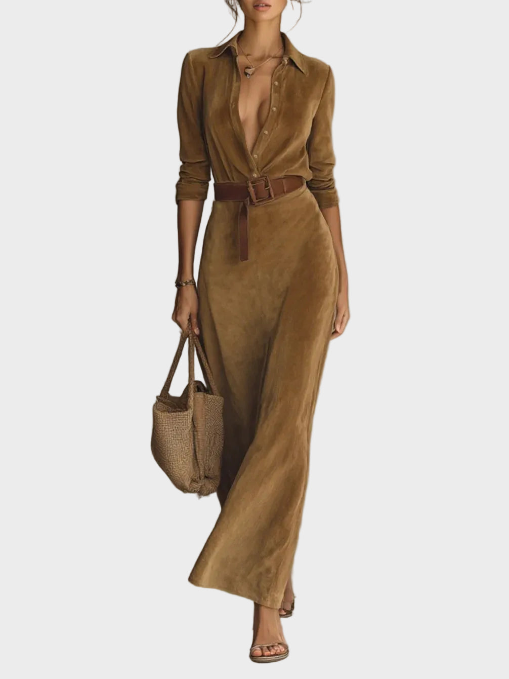 Camilla Single-Breasted Faux Suede Maxi Dress with Collar - view 3