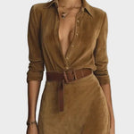 Camilla Single-Breasted Faux Suede Maxi Dress with Collar - view 5
