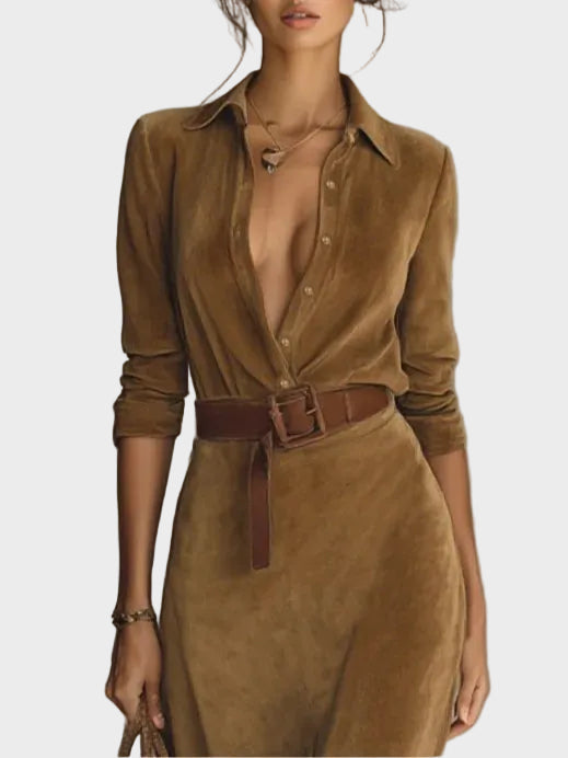 Camilla Single-Breasted Faux Suede Maxi Dress with Collar - view 5