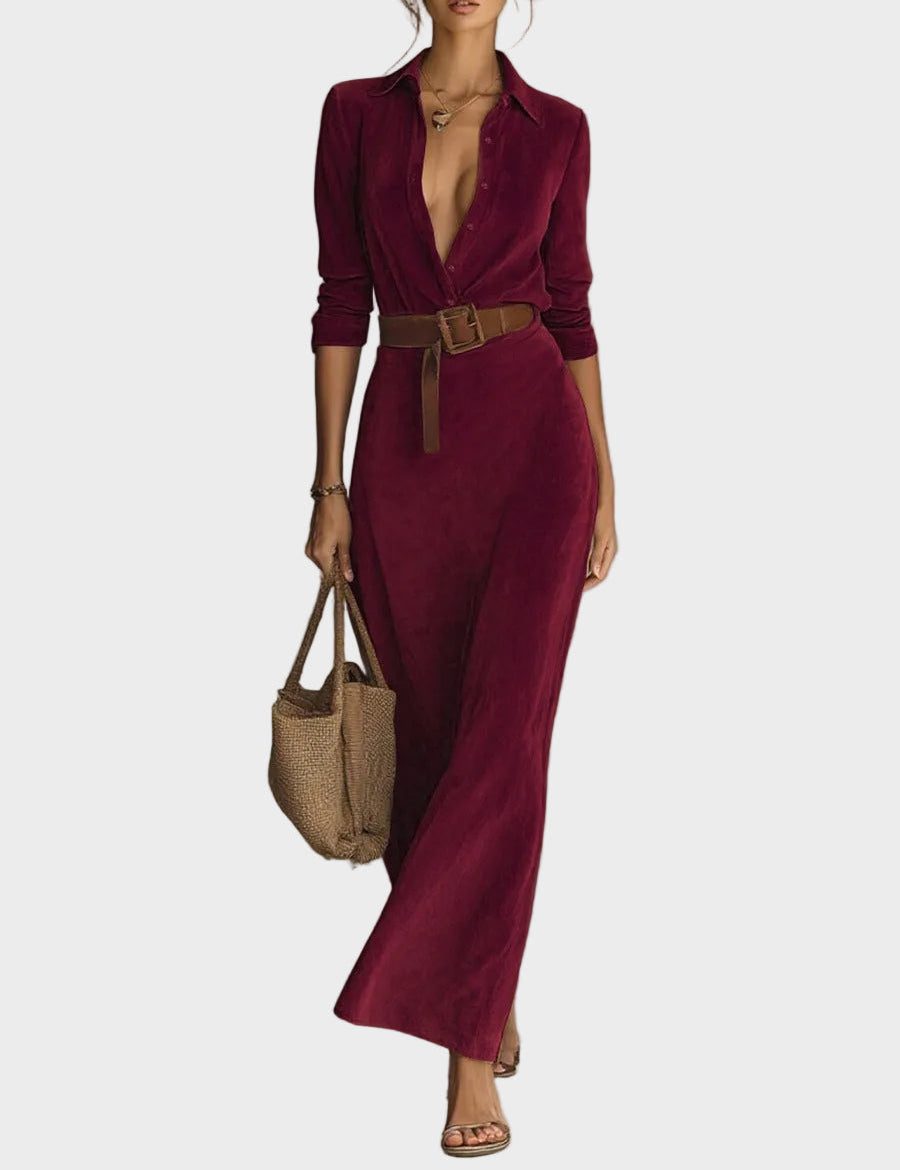 Camilla Single-Breasted Faux Suede Maxi Dress with Collar - view 6
