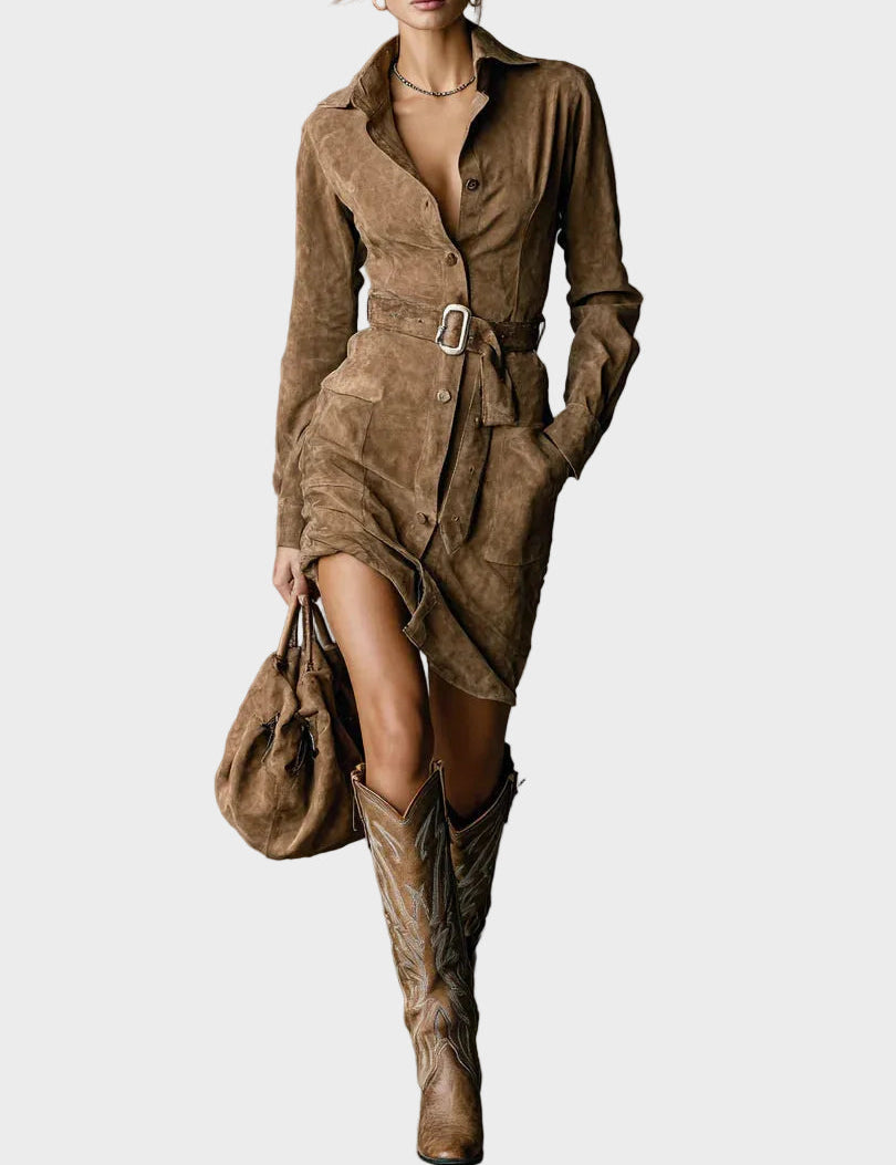 Cecilia Long-Sleeve Faux Suede Midi Dress with Tie Collar