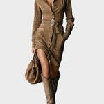 Cecilia Long-Sleeve Faux Suede Midi Dress with Tie Collar