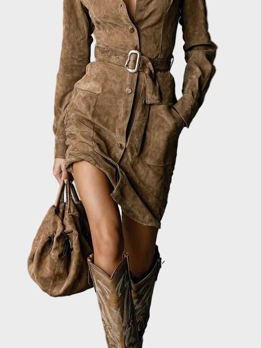 Cecilia Long-Sleeve Faux Suede Midi Dress with Tie Collar - view 4