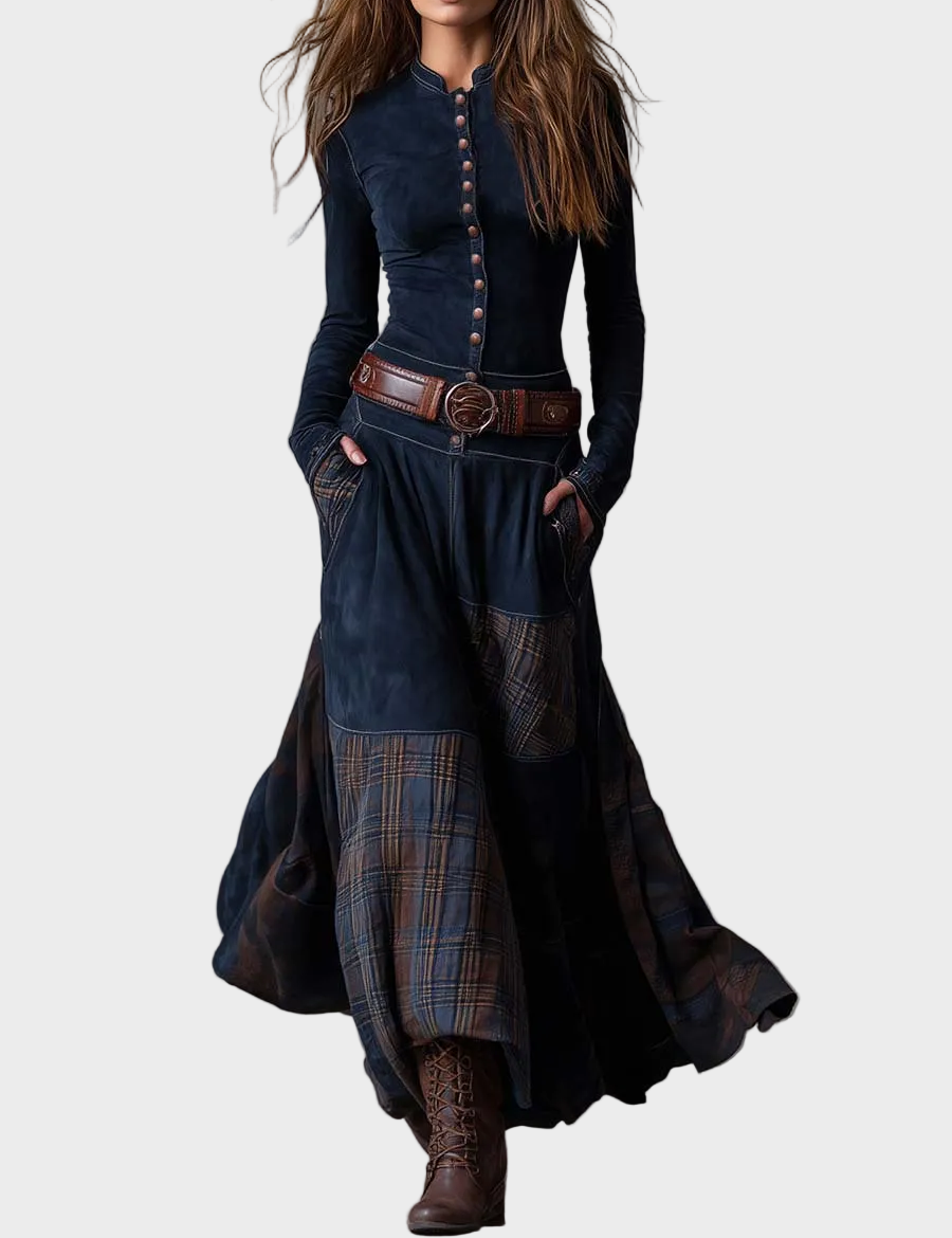 Deirdre Navy Faux Suede Maxi Dress with Belt