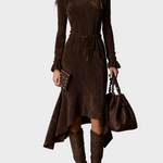 Dora Elegant Dark Brown Faux Suede Wrap Midi Dress