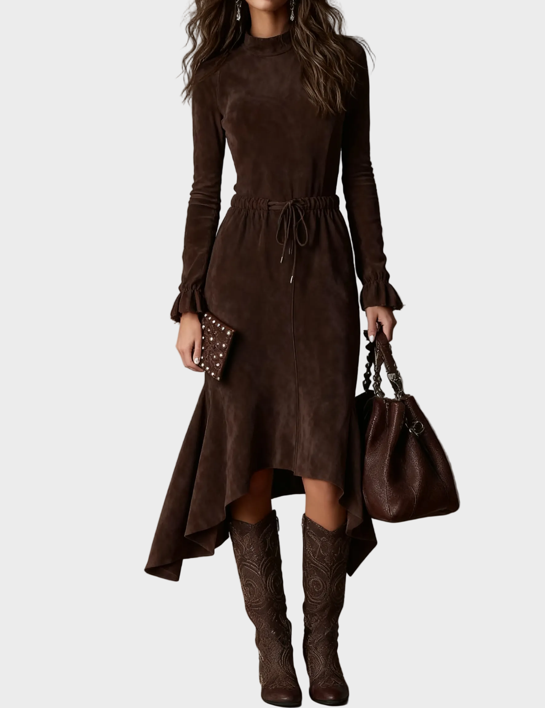 Dora Elegant Dark Brown Faux Suede Wrap Midi Dress