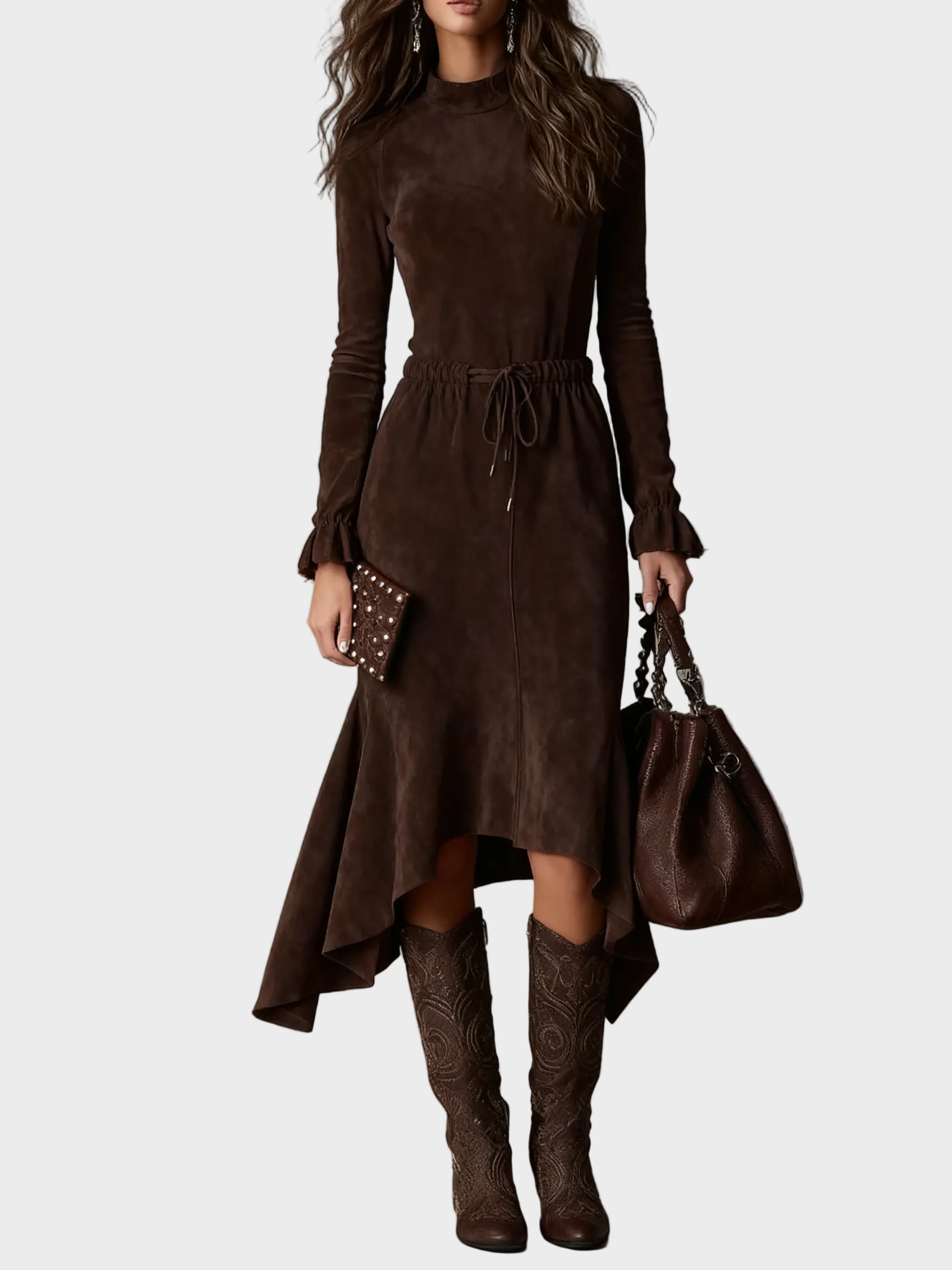 Dora Elegant Dark Brown Faux Suede Wrap Midi Dress