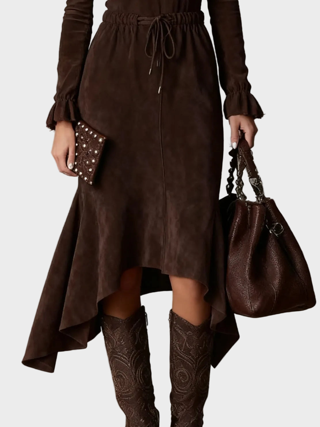 Dora Elegant Dark Brown Faux Suede Wrap Midi Dress - view 3