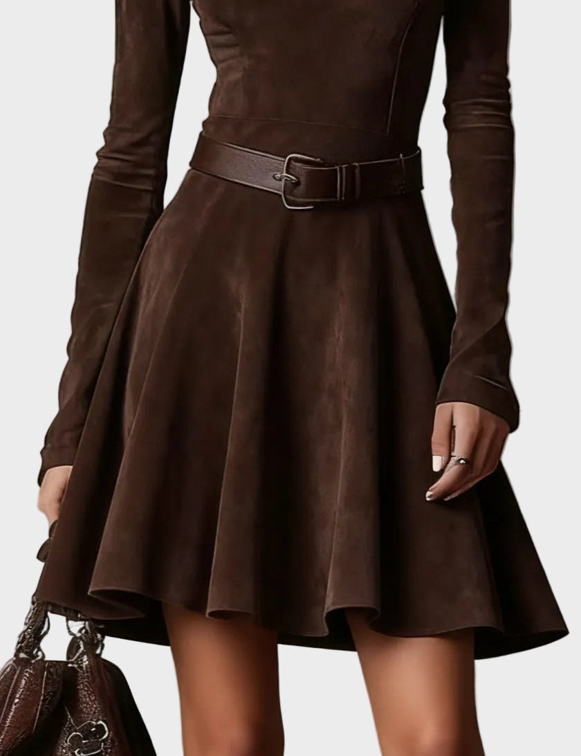 Elinor Vintage Dark Brown Faux Suede Roll Neck Dress
