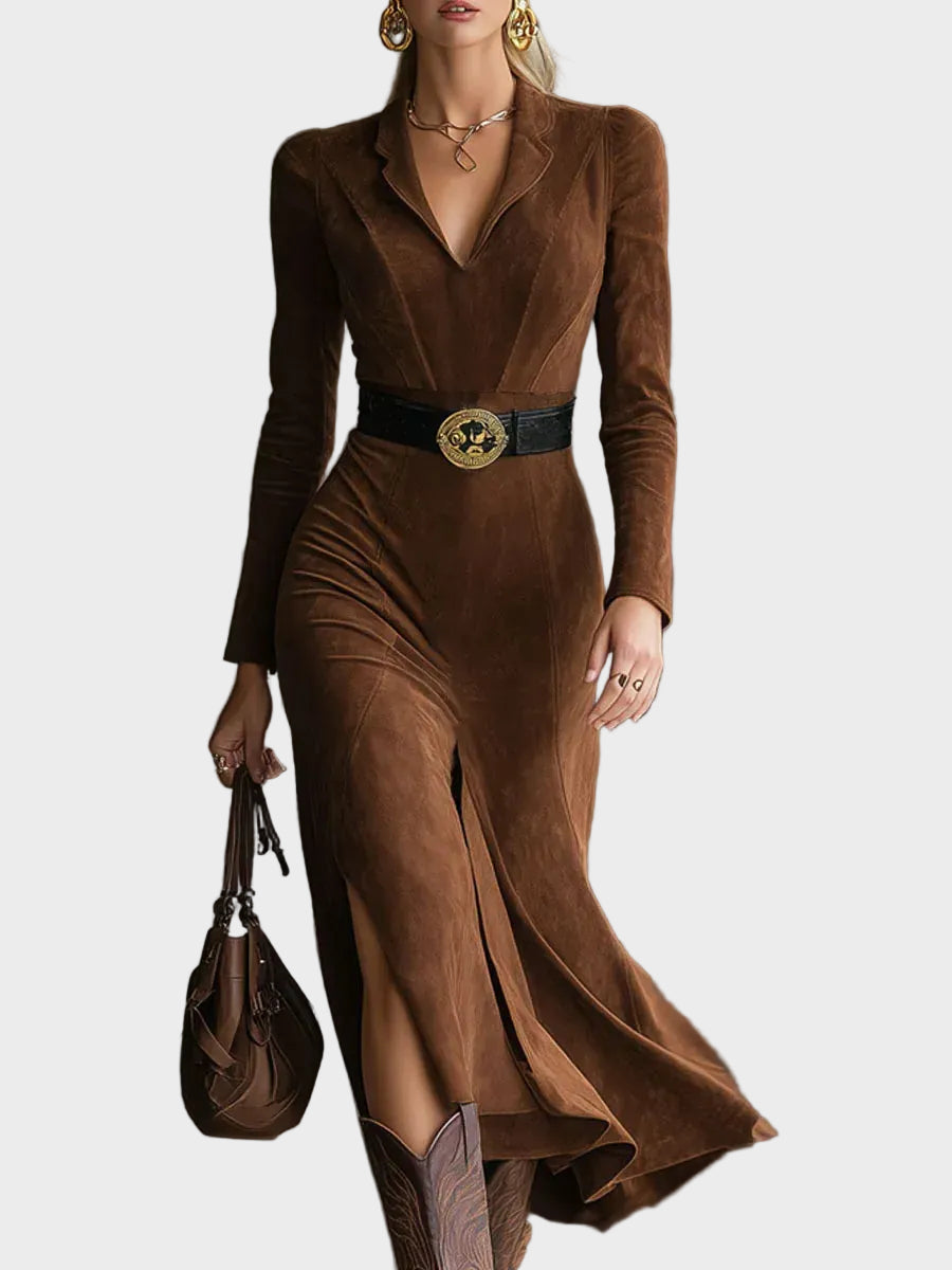 Fenella Western-Style Faux Suede Midi Dress with Collar and Split